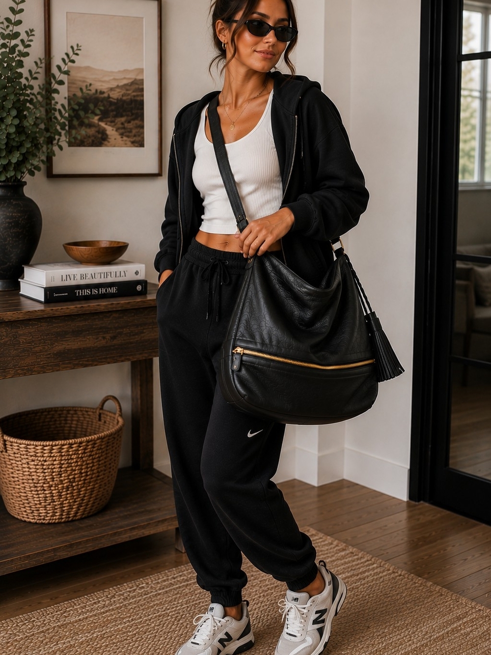 Margot Black Leather Hobo Shoulder Bag Crossbody Gold Zip Tassels